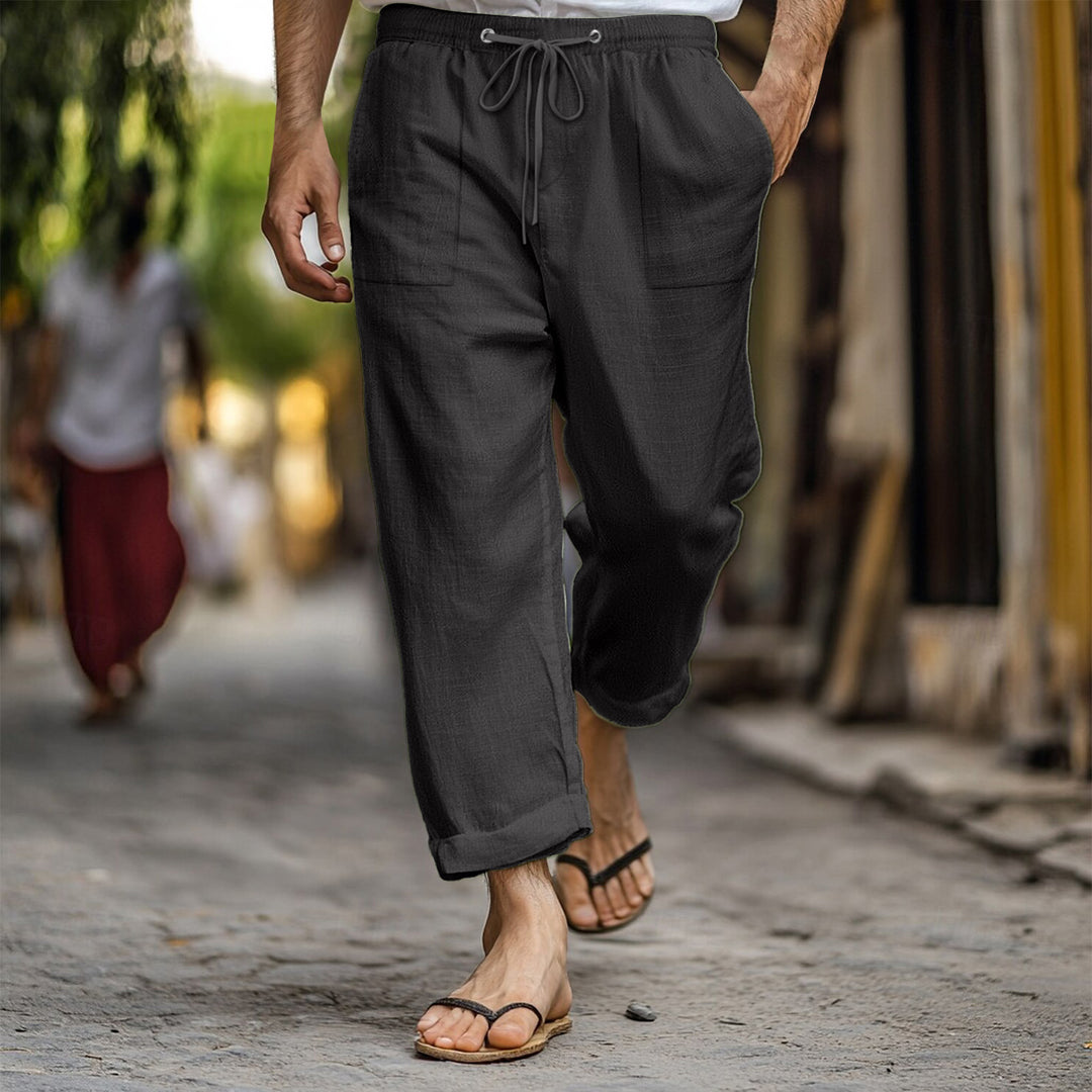 Casual and lightweight linen pants for men with elastic waist and practical side pockets Lune London