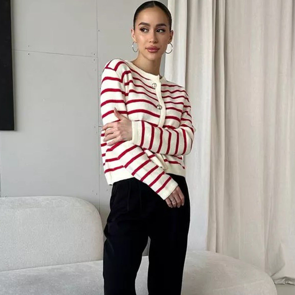 Fashionable striped women's cardigan with button details and soft material Lune London