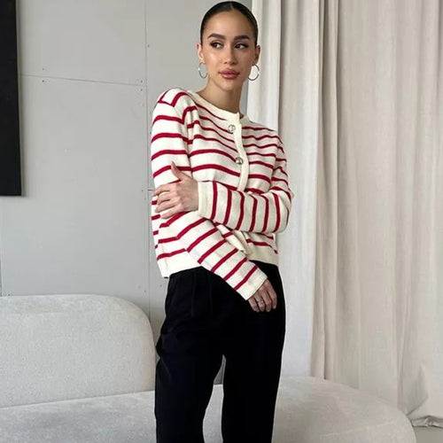 Fashionable striped women's cardigan with button details and soft material Lune London