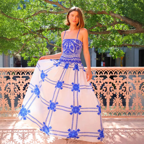 Women's maxi dress with innovative crochet top and flowing skirt Lune London