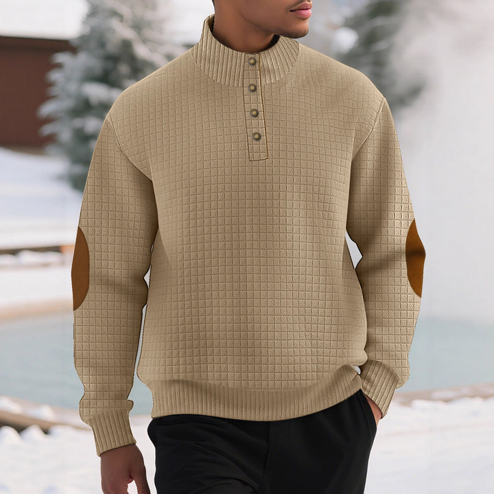 Modern high collar sweater for men with textured design and leather applications Lune London