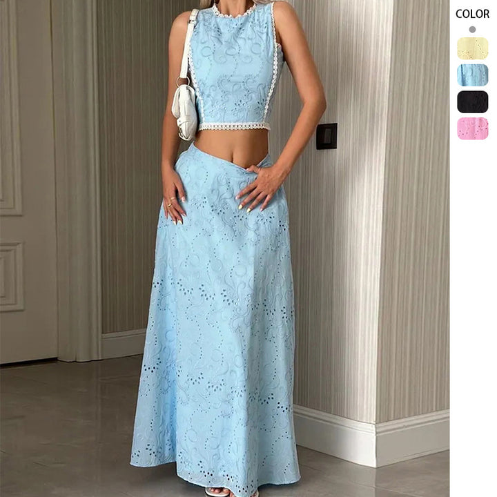 Women's maxi dress with delicate hole embroidery pattern and trendy crop top Lune London
