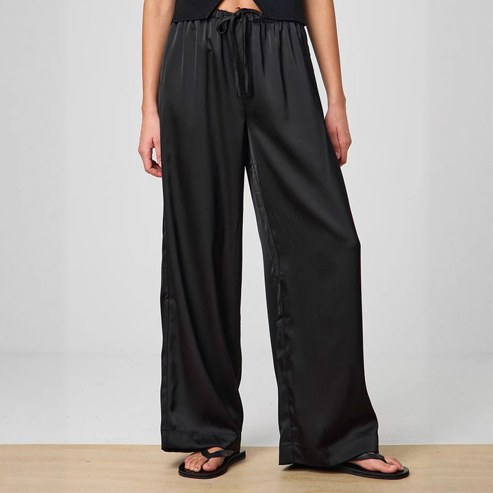 Elegant wide satin pants for women with high waist and tie belt Lune London