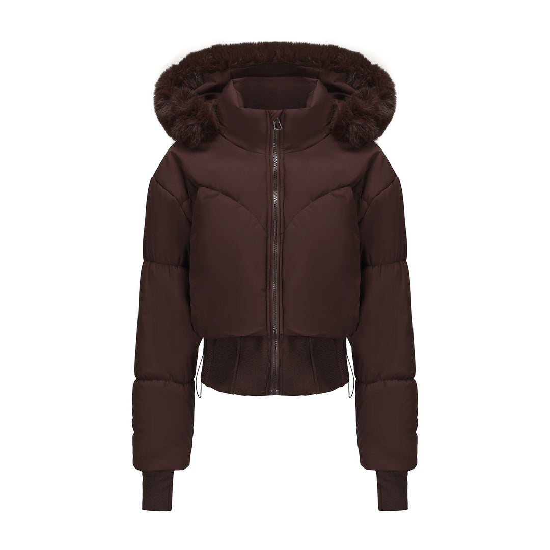 Cropped down jacket for women with removable hood and faux fur trim Lune London