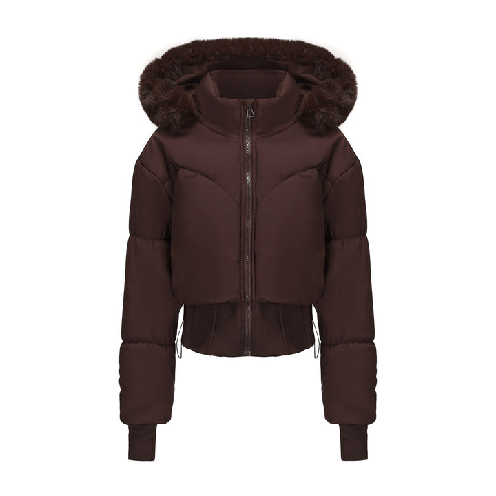 Cropped down jacket for women with removable hood and faux fur trim Lune London