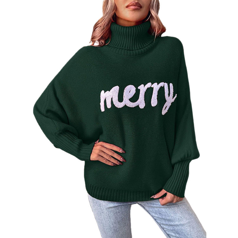 Oversized turtleneck sweater for women with festive inscription Chic and Style