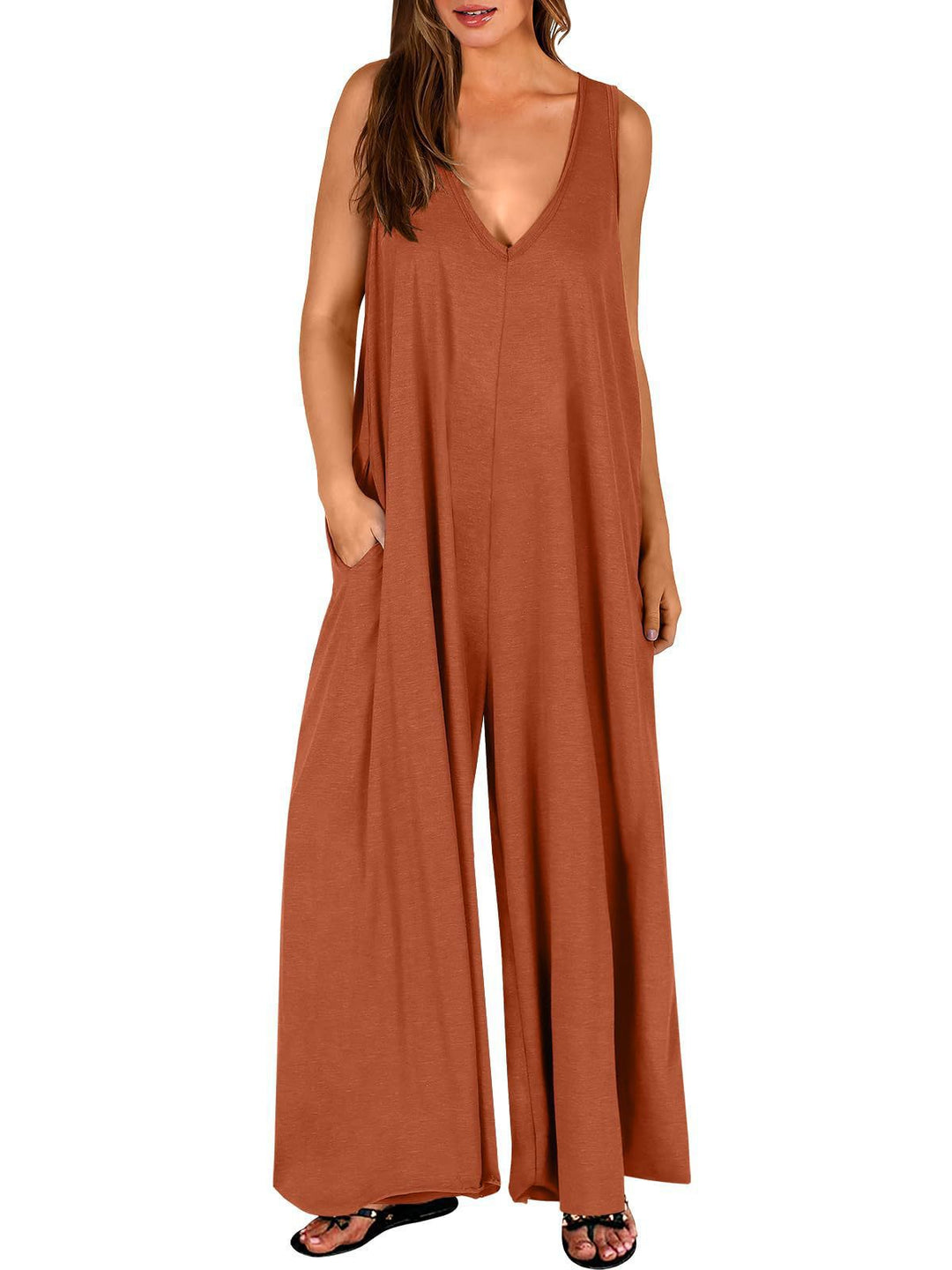 Ladies lightweight jumpsuit with deep V-neck and side pockets Lune London