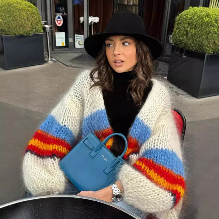 Casual knit cardigan for women with colorful stripes and a loose fit Lune London