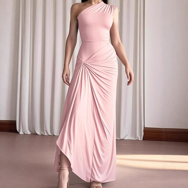 Ladies Elegant Asymmetrical Maxi Dress with Refined Draping Lune London