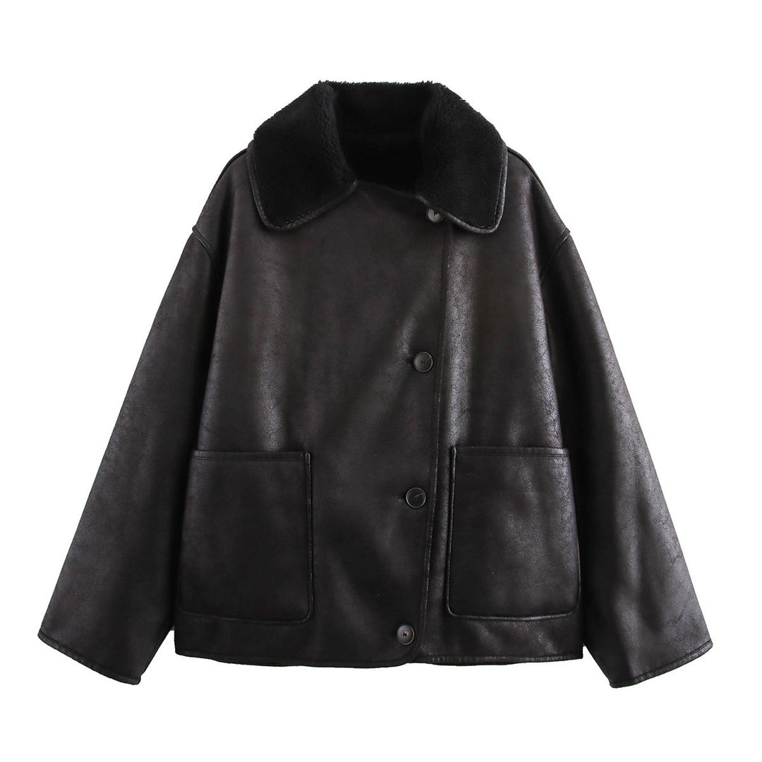 Faux leather jacket for women with soft collar and practical pockets Lune London