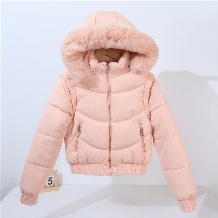 Short quilted jacket for women with removable hood and luxurious faux fur collar Lune London