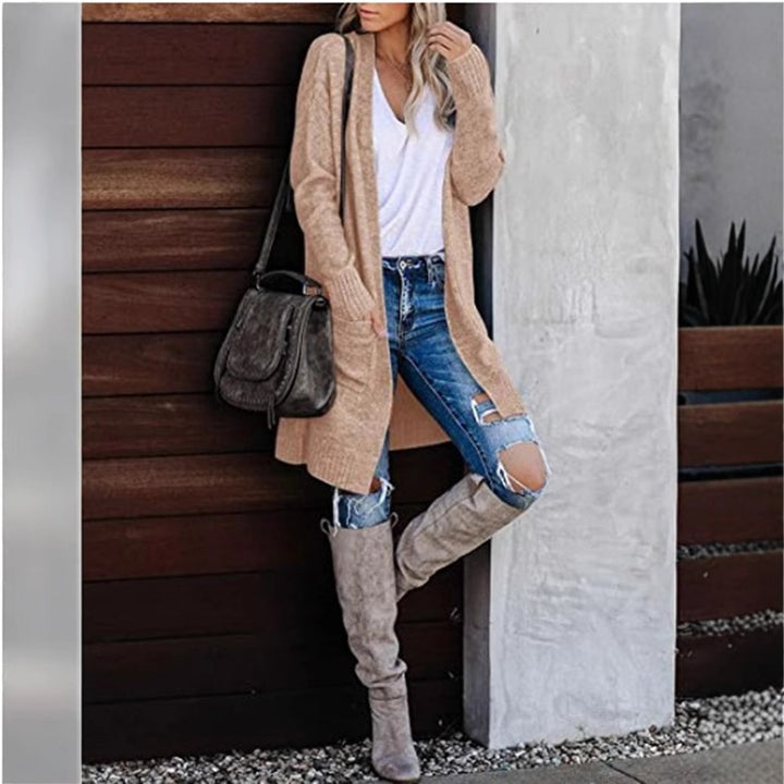 Women Long knitted cardigan with open front and cozy texture Lune London