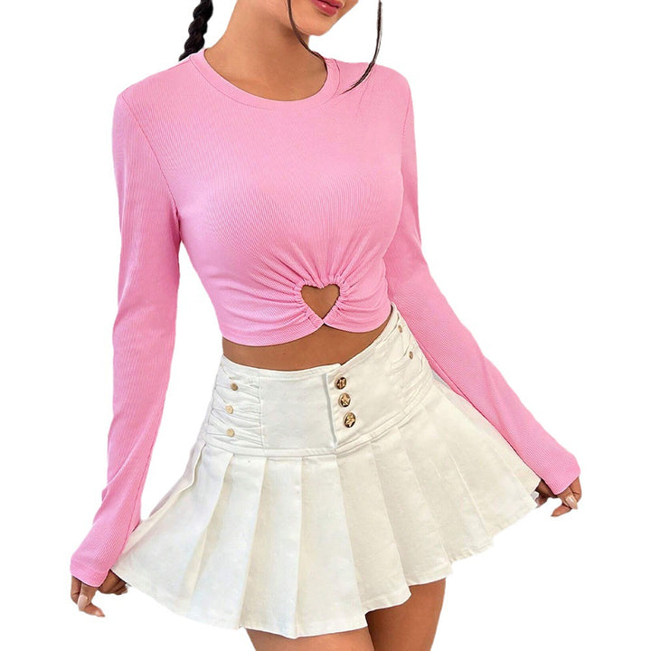 Women's T-Shirt with Short Long Sleeves and Heart Shaped Neckline with Elegant Gathering Chic & Stylish