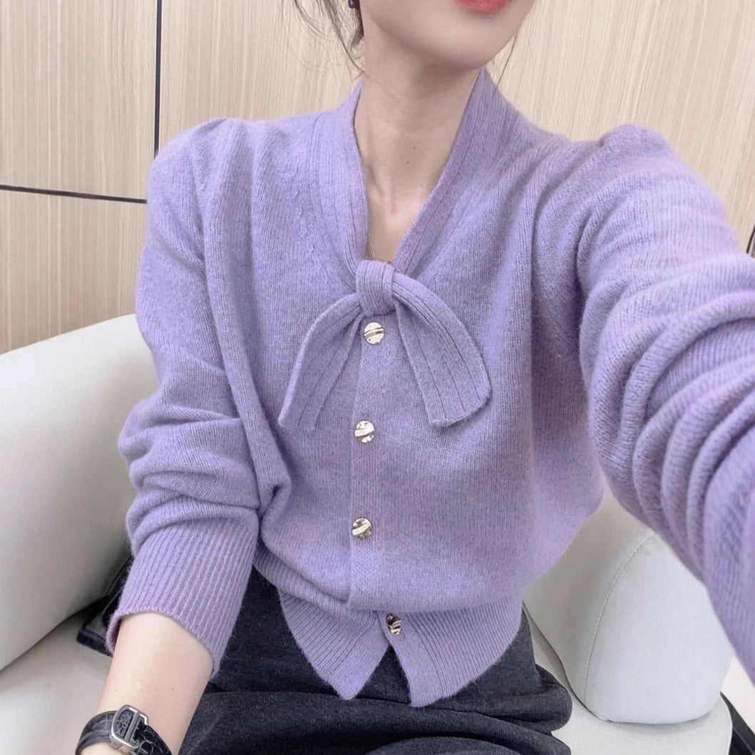 Elegant knitted jacket for women with bow accent and high-quality buttons Lune London