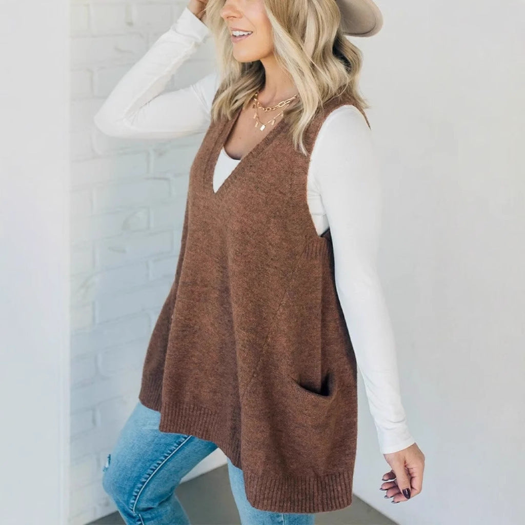 Ladies Knitted Fashion Vest with V-Neck and Practical Pockets Lune London