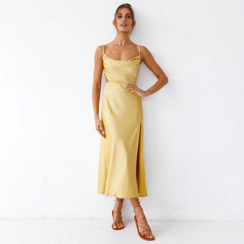 Ladies Satin Maxi Dress with Elegant Wrap Design and Refined Ruffles
