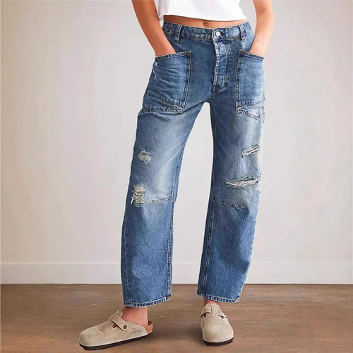 Women's wide-cut jeans with creative pockets and destroyed details Lune London