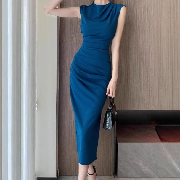 Ladies Elegant Midi Dress with a Sculpting Design and Chic Ruffles Style