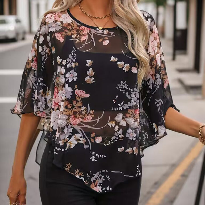 Chiffon blouse for women with ruffle sleeves and a floral pattern Lune London