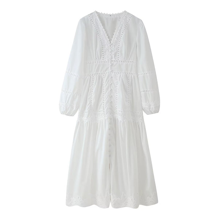 Maxi dress for women with elegant ruffle details and a feminine V-neck Lune London