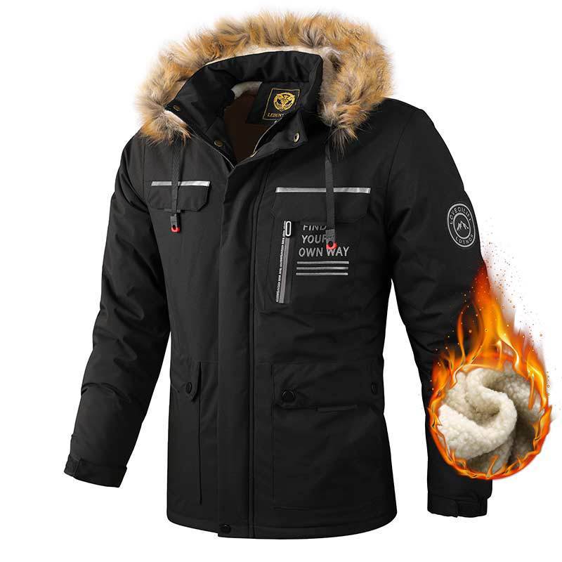 Insulated winter jacket for men with faux fur collar heating Lune London