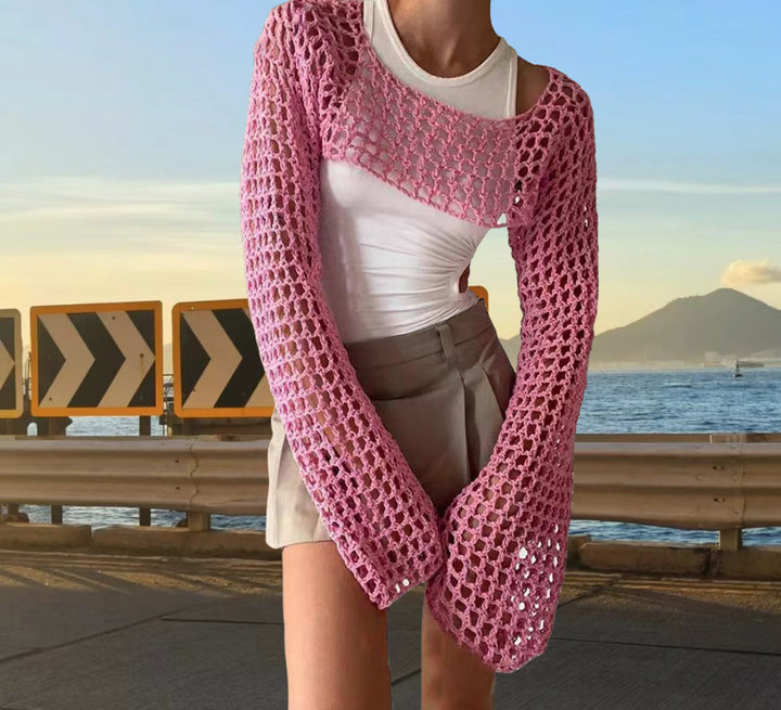 Crochet tank top for women with open stitches and wide sleeves Lune London