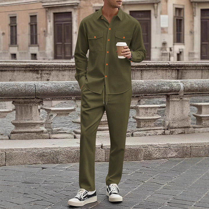 Casual striped outfit for men with modern button details and practical pockets Lune London