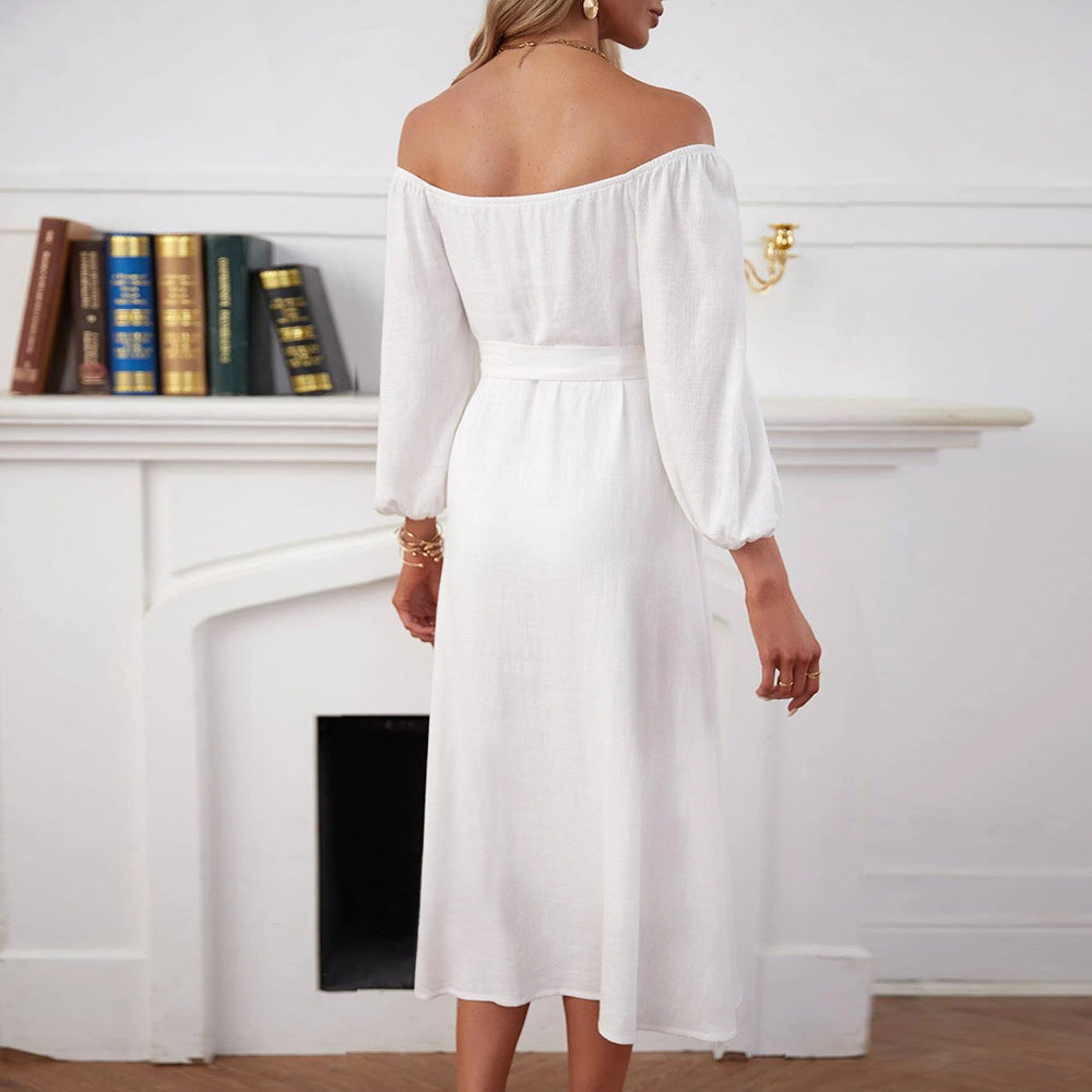 Robe maxi femme à épaules dénudées et boutons décoratifs Chic & Stil