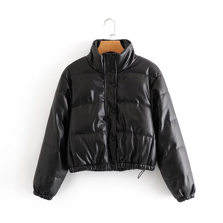 Quilted faux leather jacket for women with a high collar and elastic cuffs Lune London