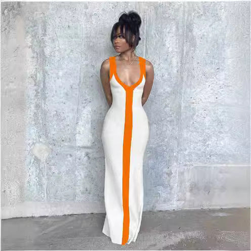 Elegant maxi dress for women with deep V-neck and contrasting stripe Lune London