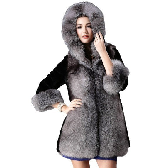 Luxury faux fur jacket for women with hood and decorative details Lune London