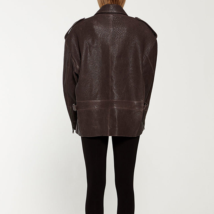 Oversized leather jacket for women with a sturdy design and practical pockets Lune London
