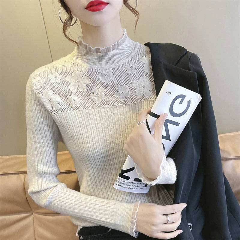Women's sweater with floral lace insert and ribbed structure Lune London