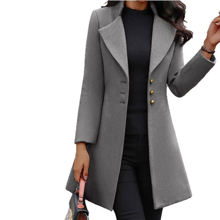 Elegant women's coat with single-breasted buttoning, shawl collar, and button details Lune London