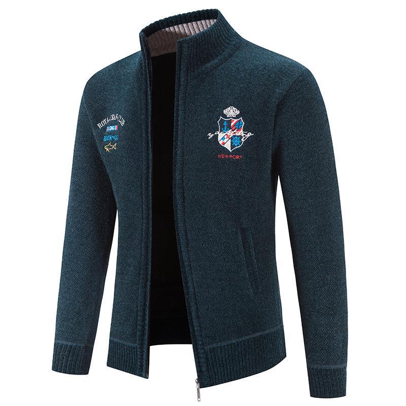 Trendy knitted jacket for men with high collar and detailed embroidery Lune London
