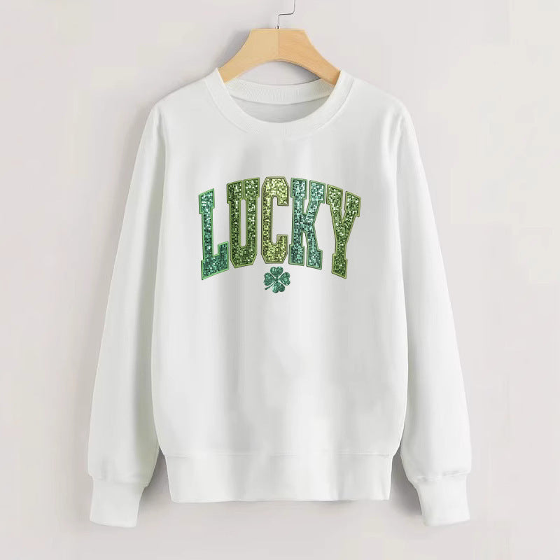 Sweatshirt décontracté pour femmes avec lettrage étincelant et motif de trèfle Chic & Stil