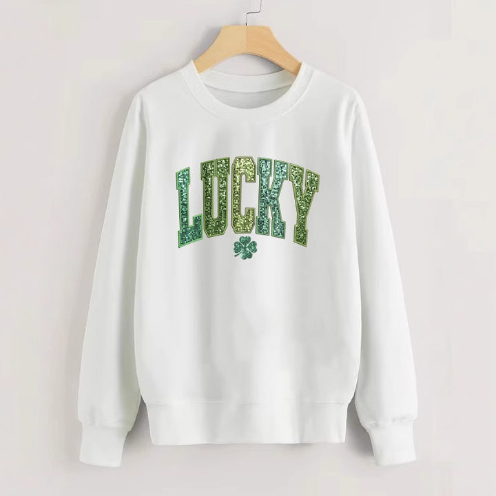 Sweatshirt décontracté pour femmes avec lettrage étincelant et motif de trèfle Chic & Stil