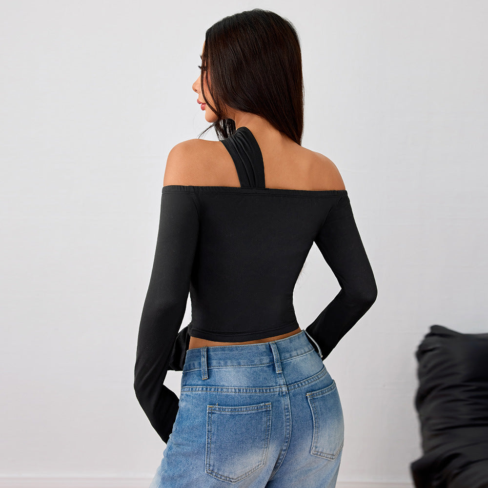 Asymmetrical wrap top for women with an elegant halter design and stylish gathering Chic & Stil