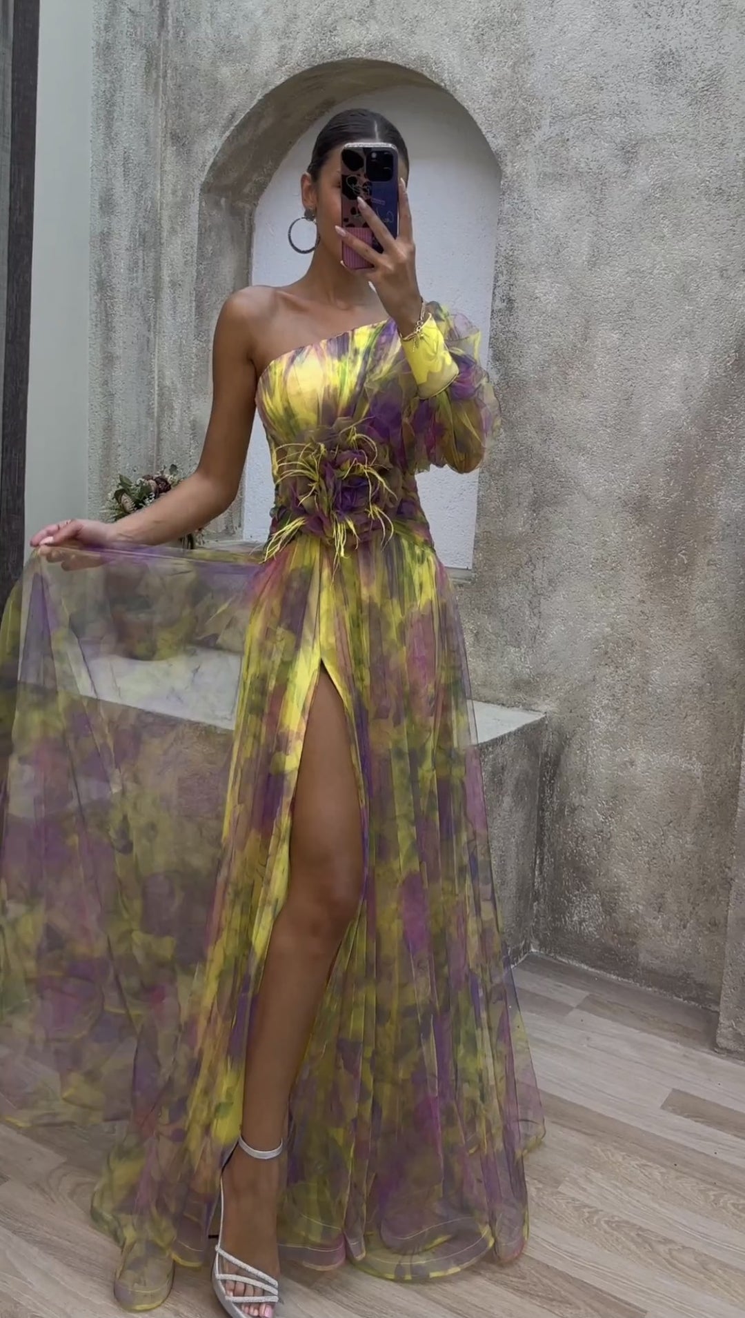 Women's evening dress with asymmetric design and floral accents Lune London