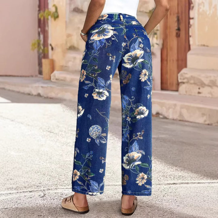 Women's Wide Cut Jeans with Floral Print and High Waist
