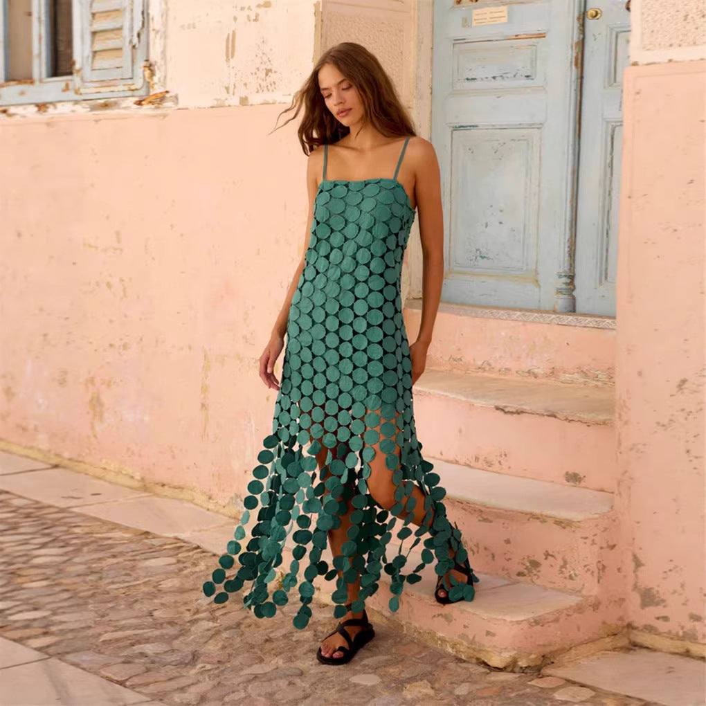 Women's maxi dress with decorative crochet applications and side slits Lune London