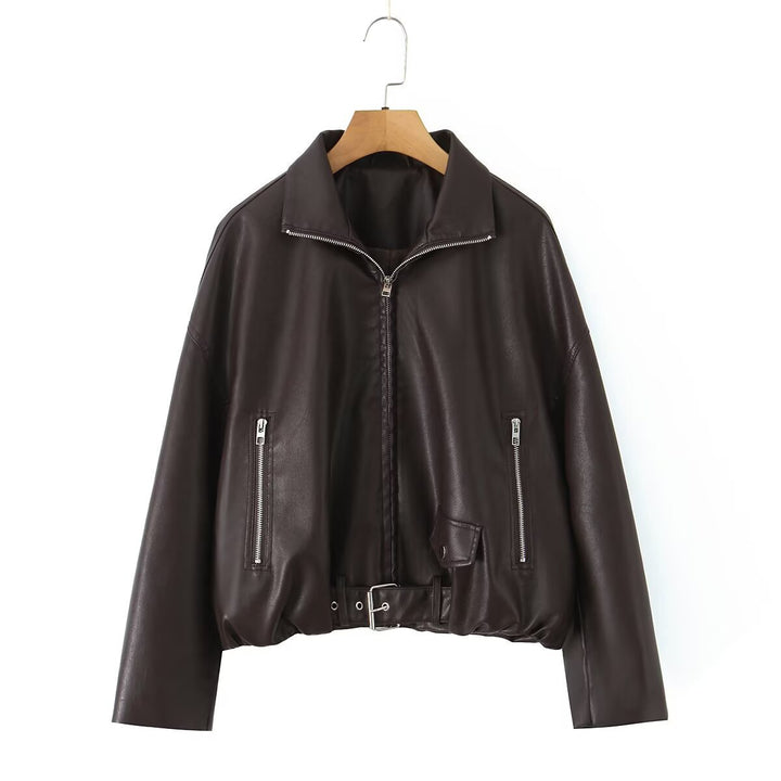 Cropped faux leather jacket for women with striking high collar and practical zip pockets Lune London