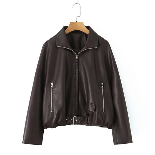 Cropped faux leather jacket for women with striking high collar and practical zip pockets Lune London