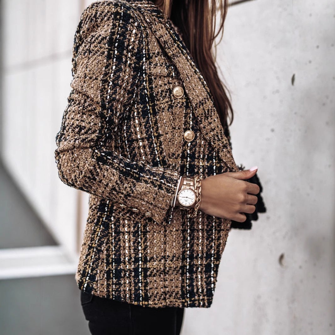 Tweed patterned jacket for women with double-breasted buttons and textured fabric Lune London