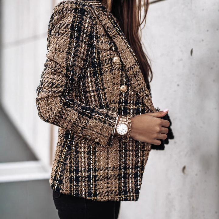 Tweed patterned jacket for women with double-breasted buttons and textured fabric Lune London