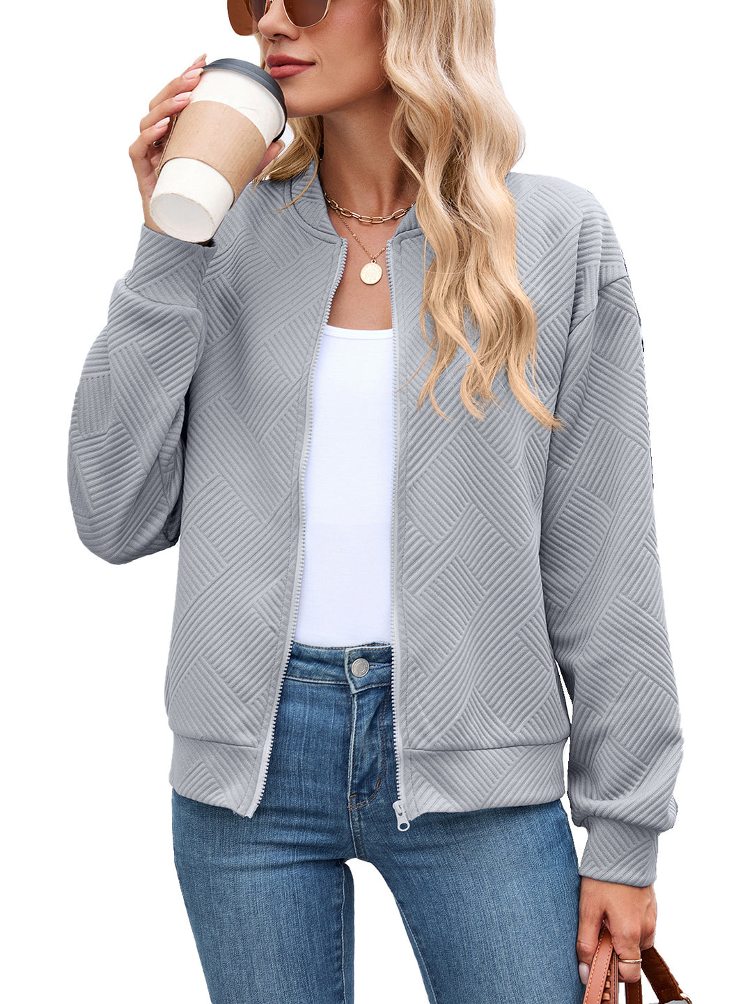 Ladies Chic and Stylish Textured Design Sporty Bomber Jacket