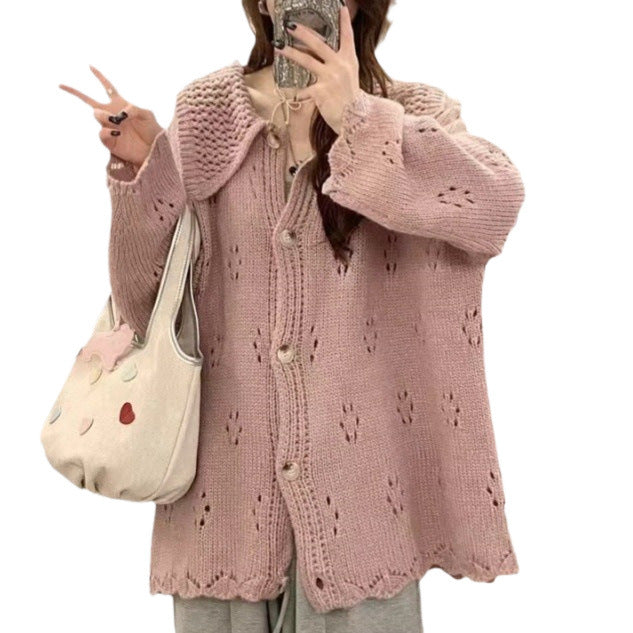 Knit jacket for women with eyelet floral pattern and large collar Lune London