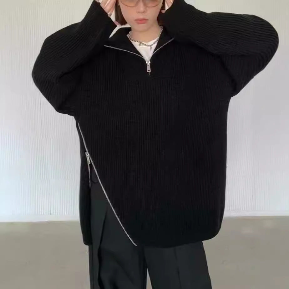 Pull en tricot décontracté pour femmes avec un col montant et une fermeture éclair sur le côté Chic & Stil