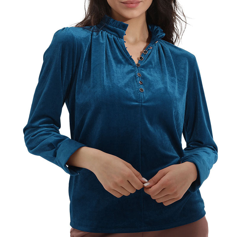 Ladies Elegant velvet top with gathered collar and button details Lune London