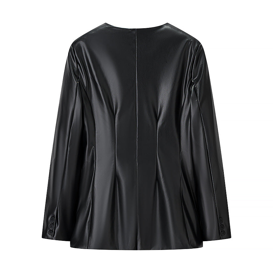 Veste blazer en faux cuir pour femmes avec poches discrètes et coupe moderne Chic & Stil